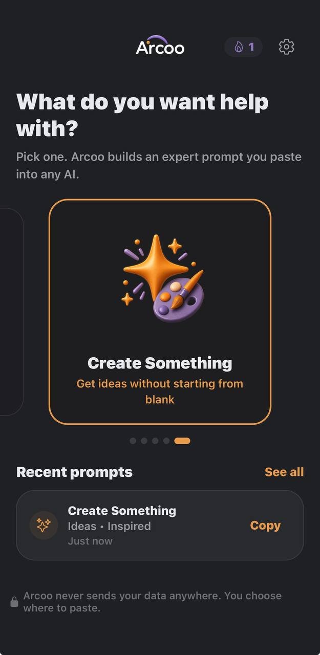 Arcoo home screen — dark mode